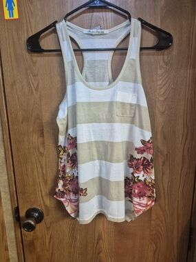American Rag Cie Striped Pocket Racerback Tank with Floral Hem - Beige & White.